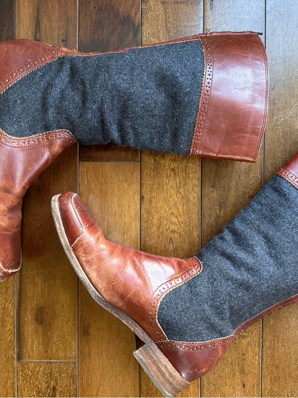 Wolverine Tall, Two-Tone, Brown Leather, and Grey Wool Riding Boots, Women’s 9 - Picture 9 of 14